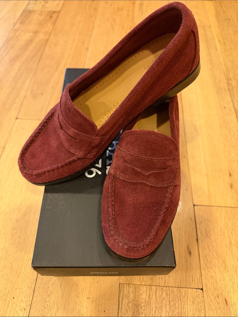 G.H. Bass & Co. Burgundy Suede Penny Loafers - Willa Flat Strap